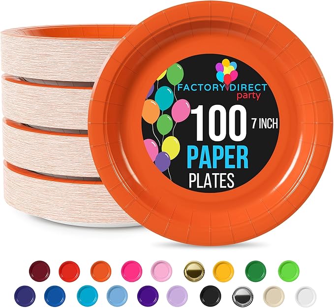 Exquisite Party Solids Orange Paper Plates Disposable Heavy Duty 7 Inch Orange Disposable Plates For Party 100 Pcs Heavy Duty 350 GSM, Birthday Supplies