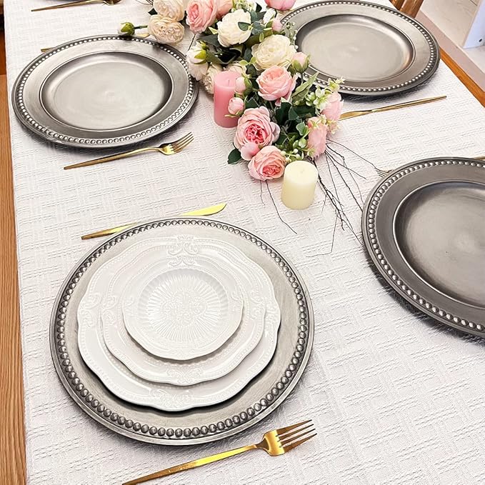Antique Silver Charger Plates,13 Inch Vintage Dinner Plate Chargers Round Server Ware.Set of 6 Plastic Beaded Chargers for Dinner Plates, Party, Wedding(Silver)