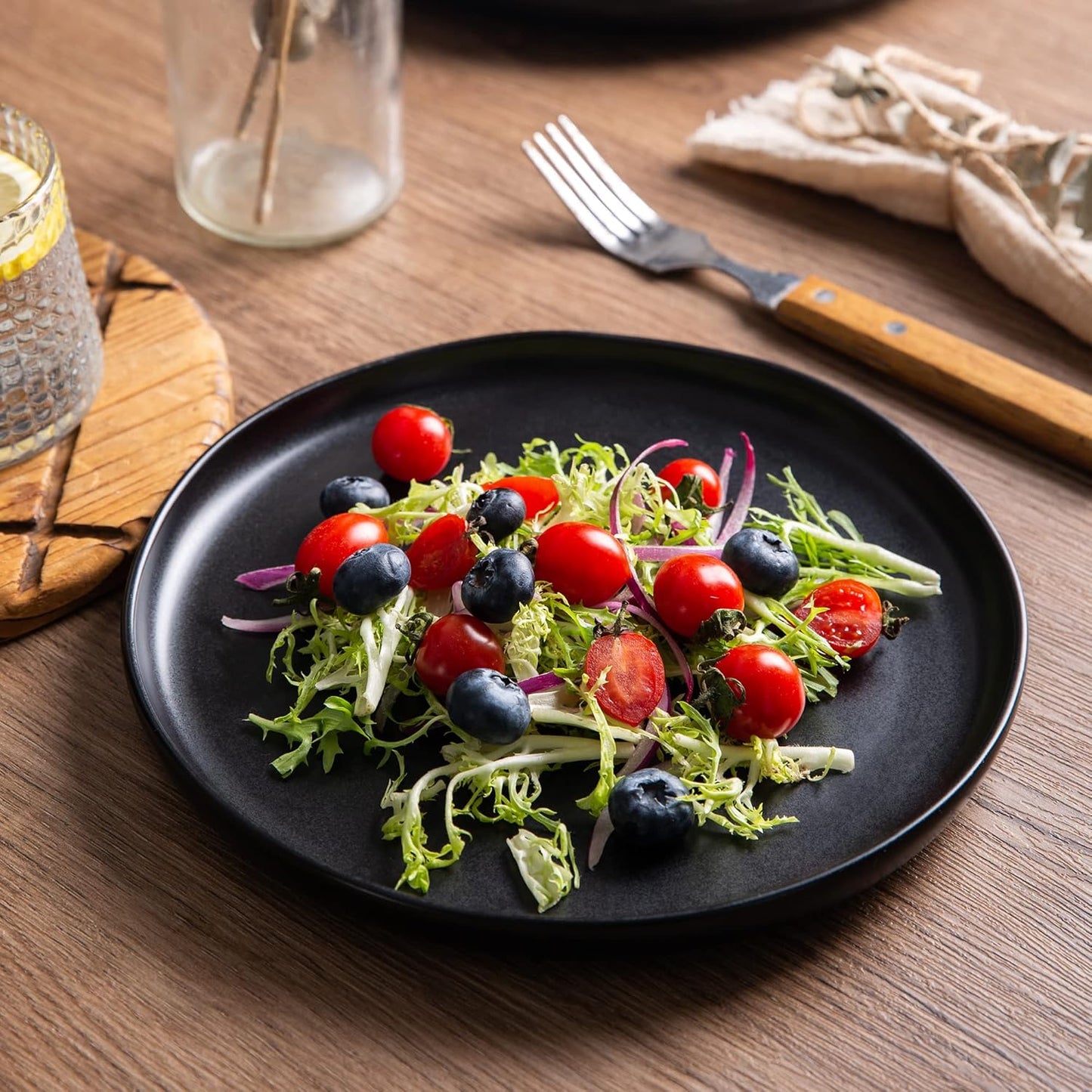 AmorArc Ceramic Dinner Plates Set of 6, Wavy Rim 10.5 Inch Stoneware Dish Set, Large Dinnerware Plates for Kitchen-Microwave&Dishwasher Safe, Scratch Resistant-Reactive Glaze Matte Black