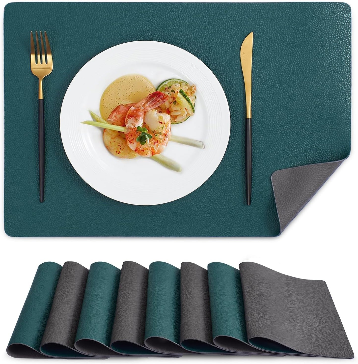 MOSAYT Vinyl Placemats Set of 8, Heat Resistant Place Mats 100% Waterproof Washable & Wipeable Faux Leather Reversible Table Mats for Kitchen Dining Party Indoor Outdoor, 12" x 17", Grey/Teal