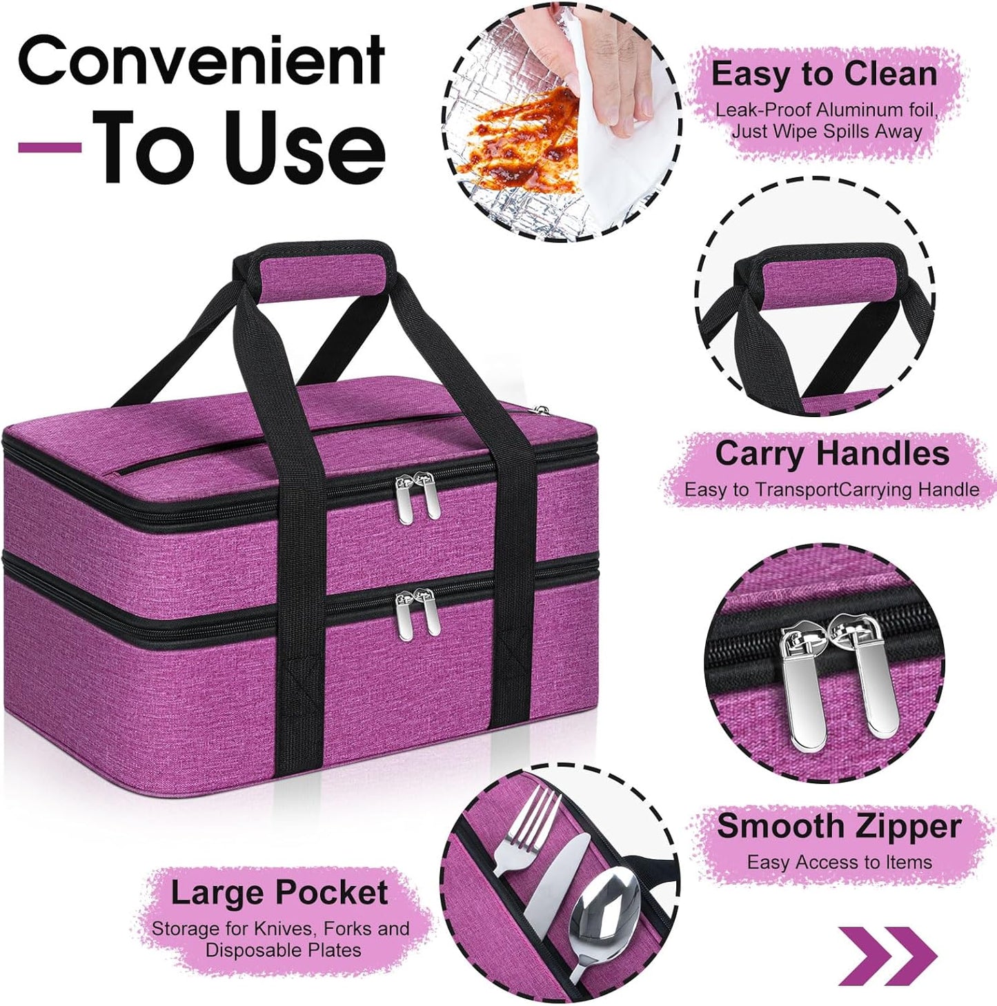 Double Insulated Casserole Carrier, Portable Casserole Carrier for Hot or Cold Food Lunch Tote Warmer or Cooler Bag, Lasagna Lunch Bag for Potluck Parties- Fits 9" x 13" Baking Dish-Rose Purple