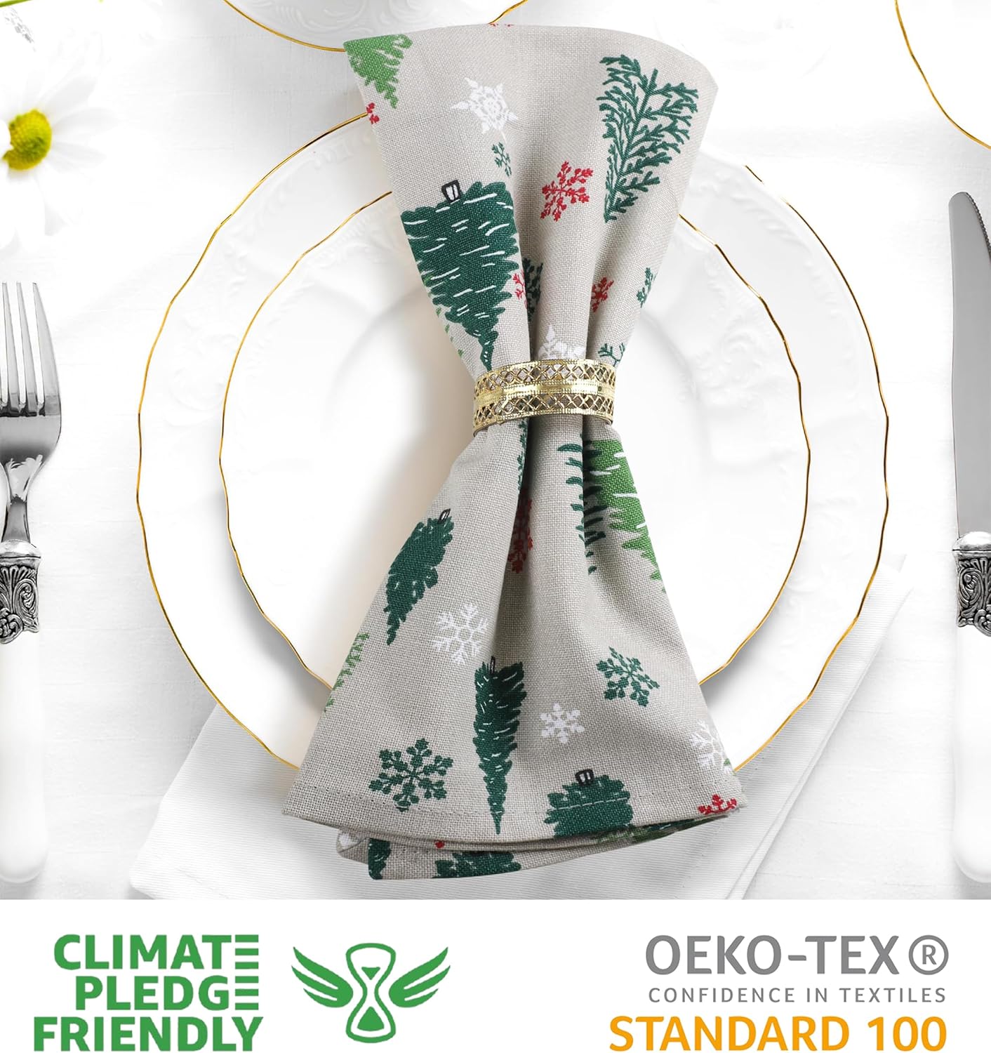 Urban Villa Christmas Cloth Napkins Green Trees Print Set of 12 100% Cotton Absorbent Dinner Napkins (20X20 Inches)Over Sized Soft Durable Reusable Washable Ideal for Home Wedding Parties Everyday use