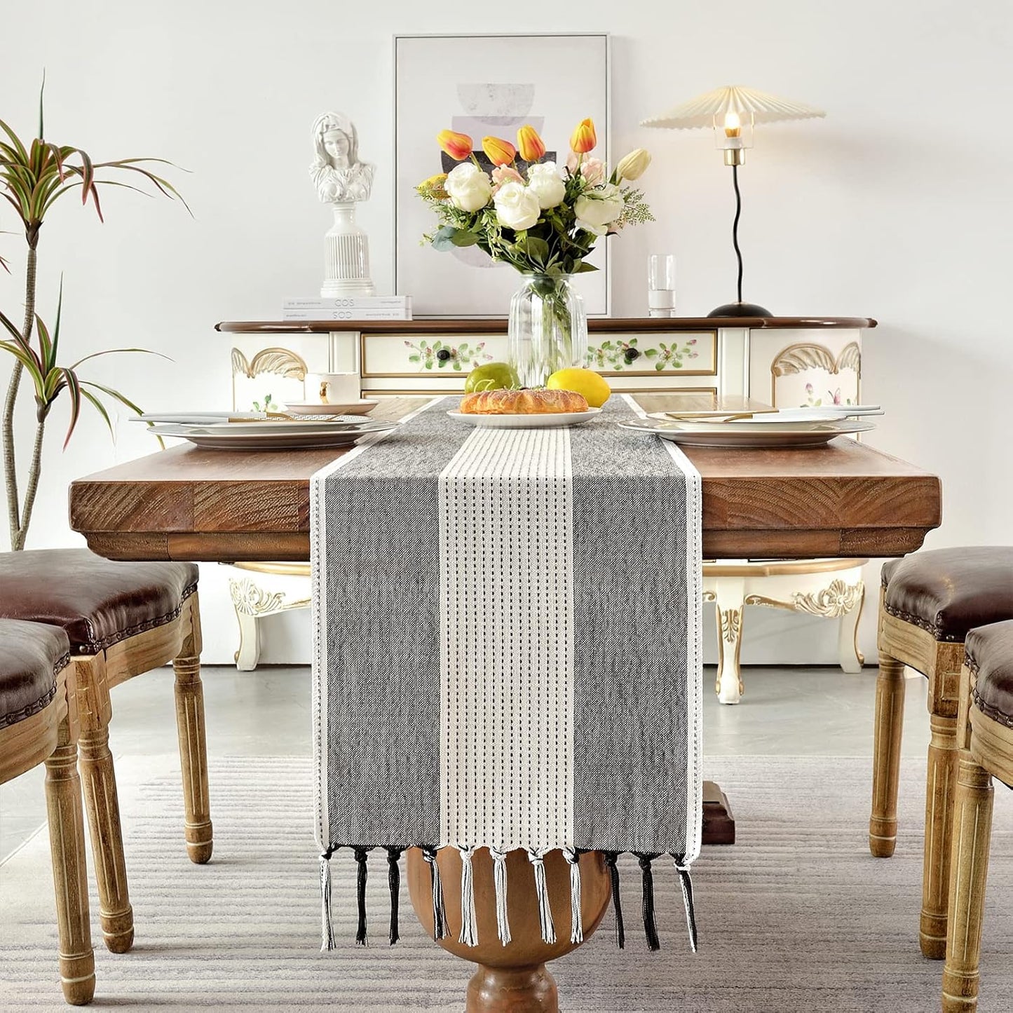 Wracra Linen Table Runner, Farmhouse Macrame Table Runners 72 Inches Long for Dining Table Decor, Wedding, Party and Dresser Decor (Black,72")