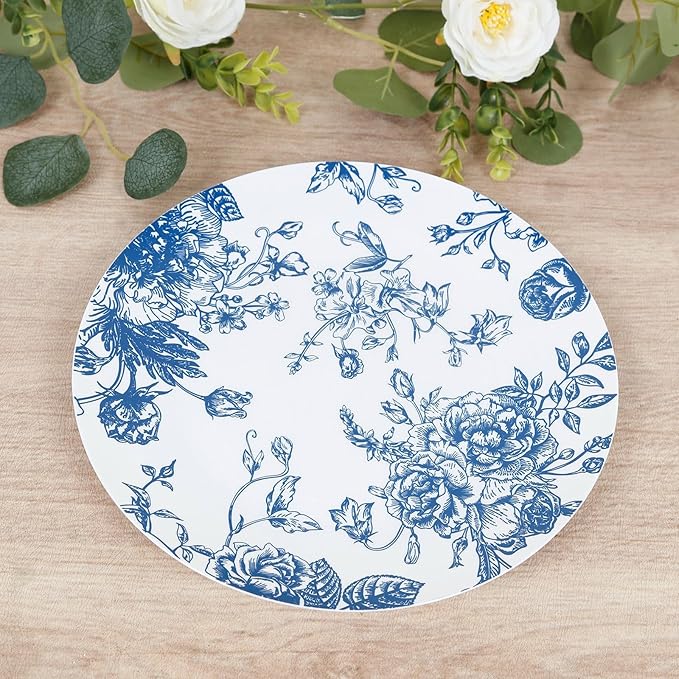 Efavormart 10-Pack French Toile Plastic Dinner Plates – Blue & White Floral, 10" Round Disposable Party Plates