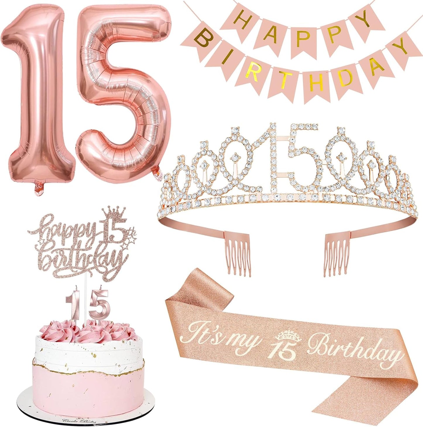 15th Birthday Decorations for Girls, Including 15th Tiara and Sash, Happy Birthday Banner, Cake Toppers, Number Candles and Balloons Set, Rose Gold