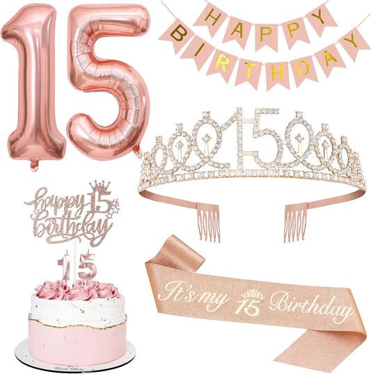 15th Birthday Decorations for Girls, Including 15th Tiara and Sash, Happy Birthday Banner, Cake Toppers, Number Candles and Balloons Set, Rose Gold