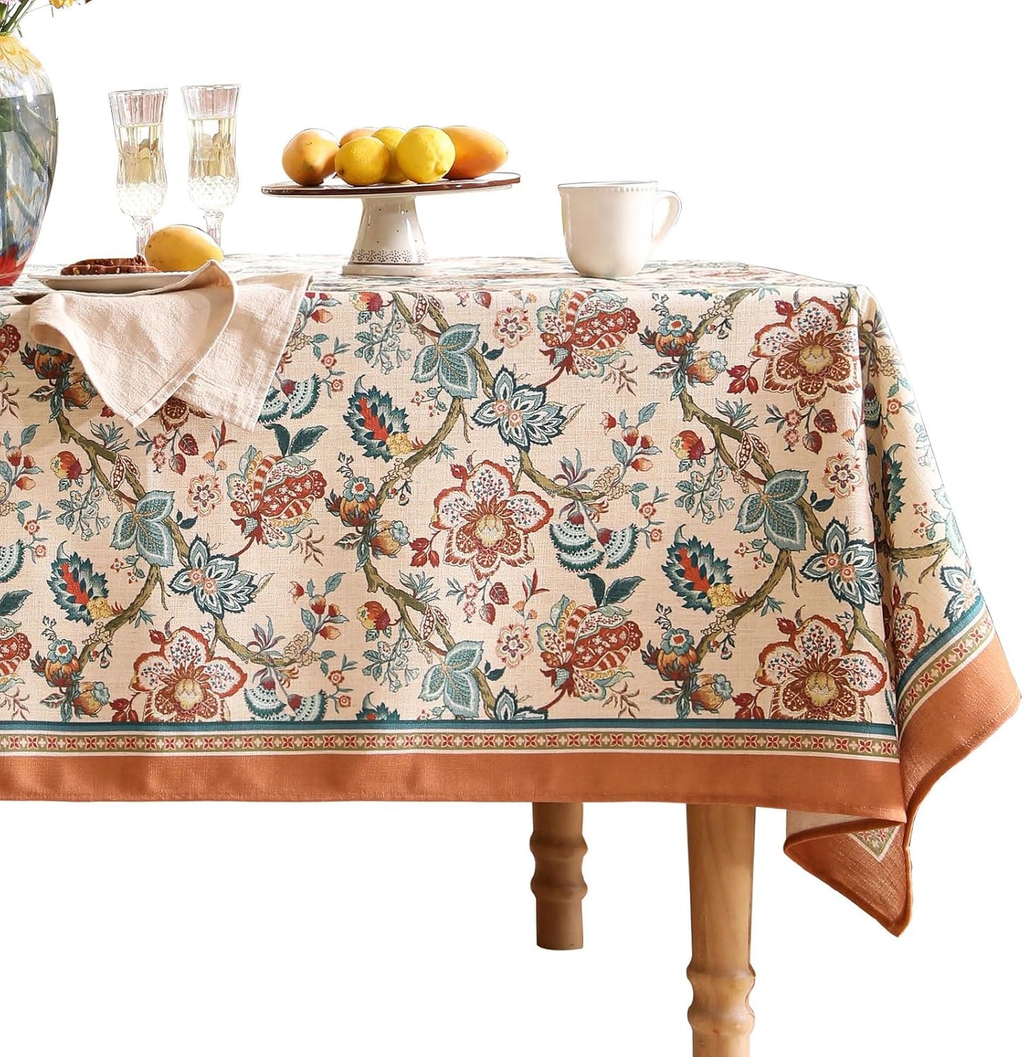 Linen Colorful Floral Rectangle Tablecloth,Vintage Indian Colorfast Block Print Table Cloth,Decorative Table Cover for Kitchen,Dining,Thanksgiving,Christmas,Party,55"*79"-Mangala