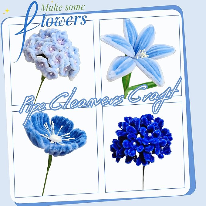 AHAMETON 620 Pcs Blue Pipe Cleaners Bulk,6 Colored Pipe Cleaners Craft,Chenille Stems for DIY Flower Bouquet Kit with Floral Wire,Creative Gift Eternal Flowers Supplies for Party Decorations