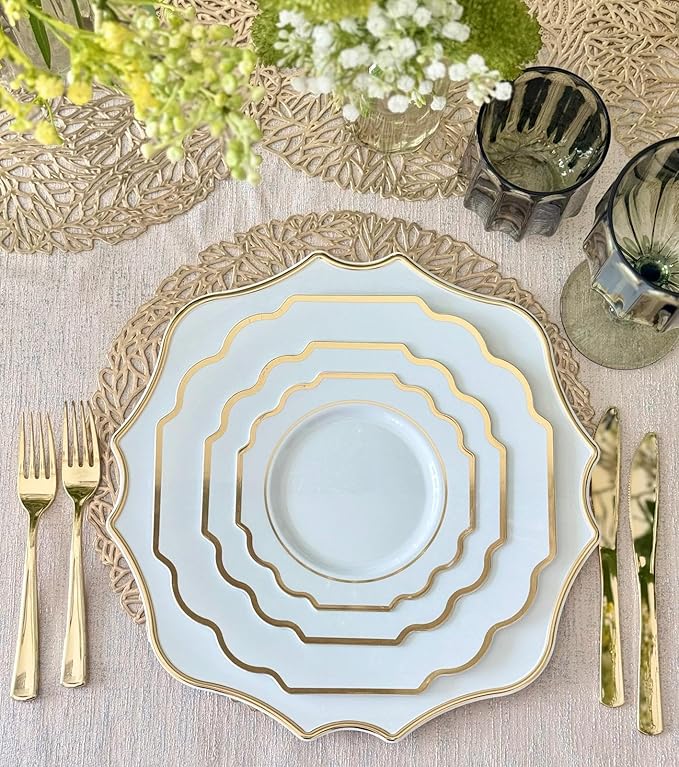 " OCCASIONS " 10 Pieces 13.25'' Scalloped Disposable/Reusable Plastic Charger Plates for Wedding, (Scalloped Imperial White & Gold)