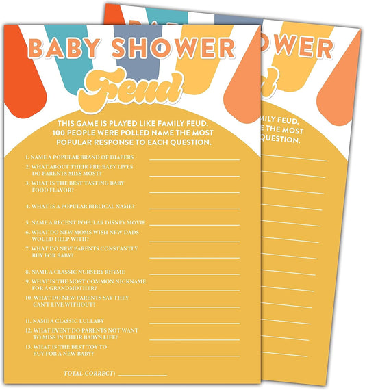 Boho Sunshine Baby Shower Games for Boy, 30 Baby Shower Feud Game Cards with 1 Answer Card, Gender Reveal Party Supplies Favors (5"x7") -A07
