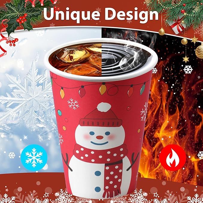 100 Pack 12 oz Christmas Coffee Cups No Lids, Disposable Hot Cold Drinking Cup, 12 Ounce Paper Coffee Cups for Party, Businsess, Holiday, Home
