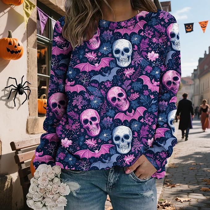 LIZALIG Pullover Cute Sweatshirt Orange Skeleton Fall Festive FunWomens Design Bat Holiday Party Outings Pumpkin Print