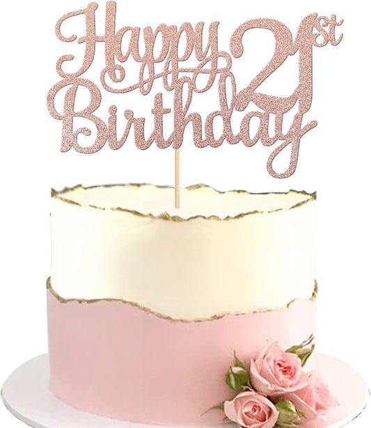 1 PCS Happy 21st Birthday Cake Topper Glitter Cheers to 21 Years Cake Pick Number 21 Fabulous Cake Decoration for 21st Birthday Theme Party Decorations Supplies Rose Gold