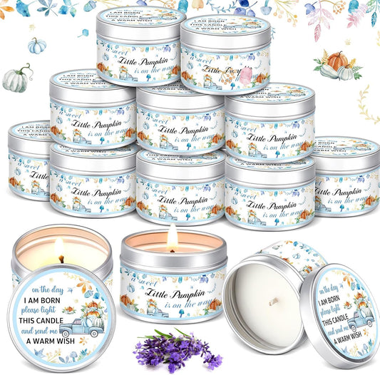 MTLEE 24 Pcs Thanksgiving Little Pumpkin Baby Shower Party Favors Candles Lavender Scented Baby Shower Favors for Guests Rustic Tealights Candles Gender Reveal Return Gifts Girl Boy(Blue, 1.2 Oz)