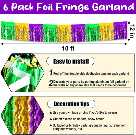 6 Pack 10 Feet Gold Green Purple Wave Foil Fringe Garland Metallic Tinsel Streamers Banner Wall Hanging Curtain Backdrop for Parade Floats, Mother's Day, Easter, Wedding, Birthday Party Decoration