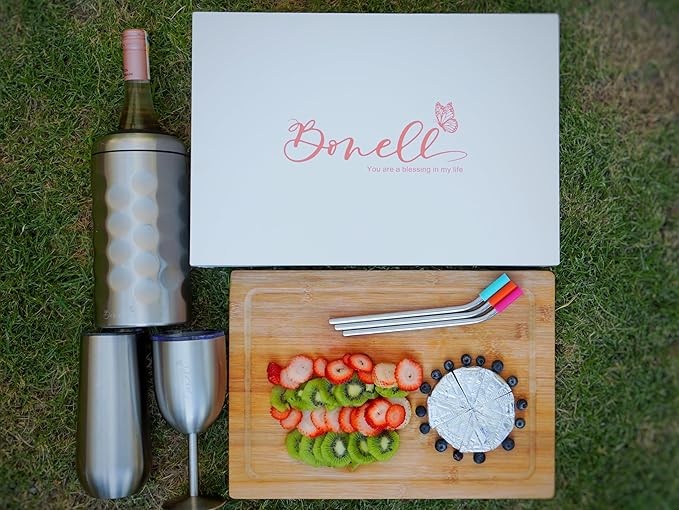 Bonell Champagne Bottle Chiller Gift Set- Portable Stainless Steel Sparkling Wine Cooler with 2 Champagne Flutes (SILVER)
