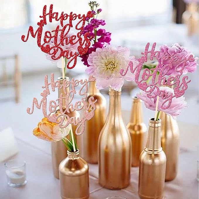 12 PCS Happy Mother's Day Centerpiece Sticks Double Sided Glitter Love Mother Best Mom Centerpieces for Happy Mother's Day Theme Table Flower Decorations Women Birthday Party Supplies Colorful
