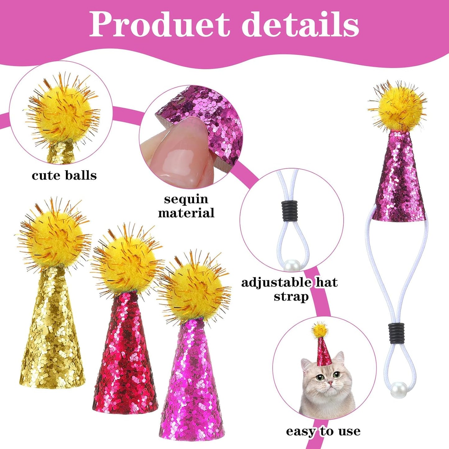 10 Pcs Party Hats for Stuffed Animals, Multi-Color Glitter Adjustable Mini Party Hats for Stuffed Animals, Mini Birthday Hat with Tinsel Pom Pom for Small Pets, Dolls Decorations