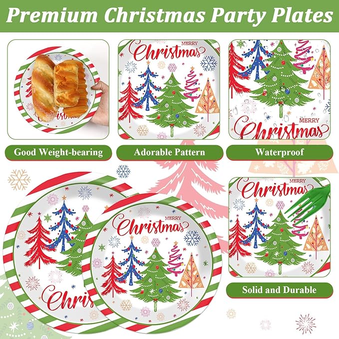 OBUSATT 96Pcs Christmas Party Supplies Red Green Christmas Tree Paper Plates and Napkins Disposable Xmas Tableware Dinnerware Set Winter Snowflake Plates for Holiday Party Decorations Serves 24