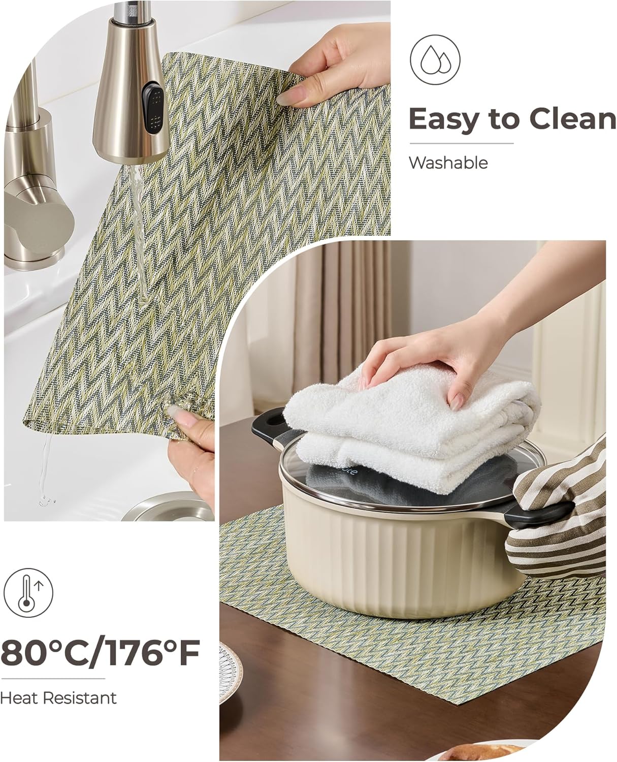 Leetaltree Green Placemats Set of 4 - Heat Resistant Non-Slip Place mats for Dining Table, Washable Durable PVC Vinyl Woven Table Mats（Green Zigzag, 4）