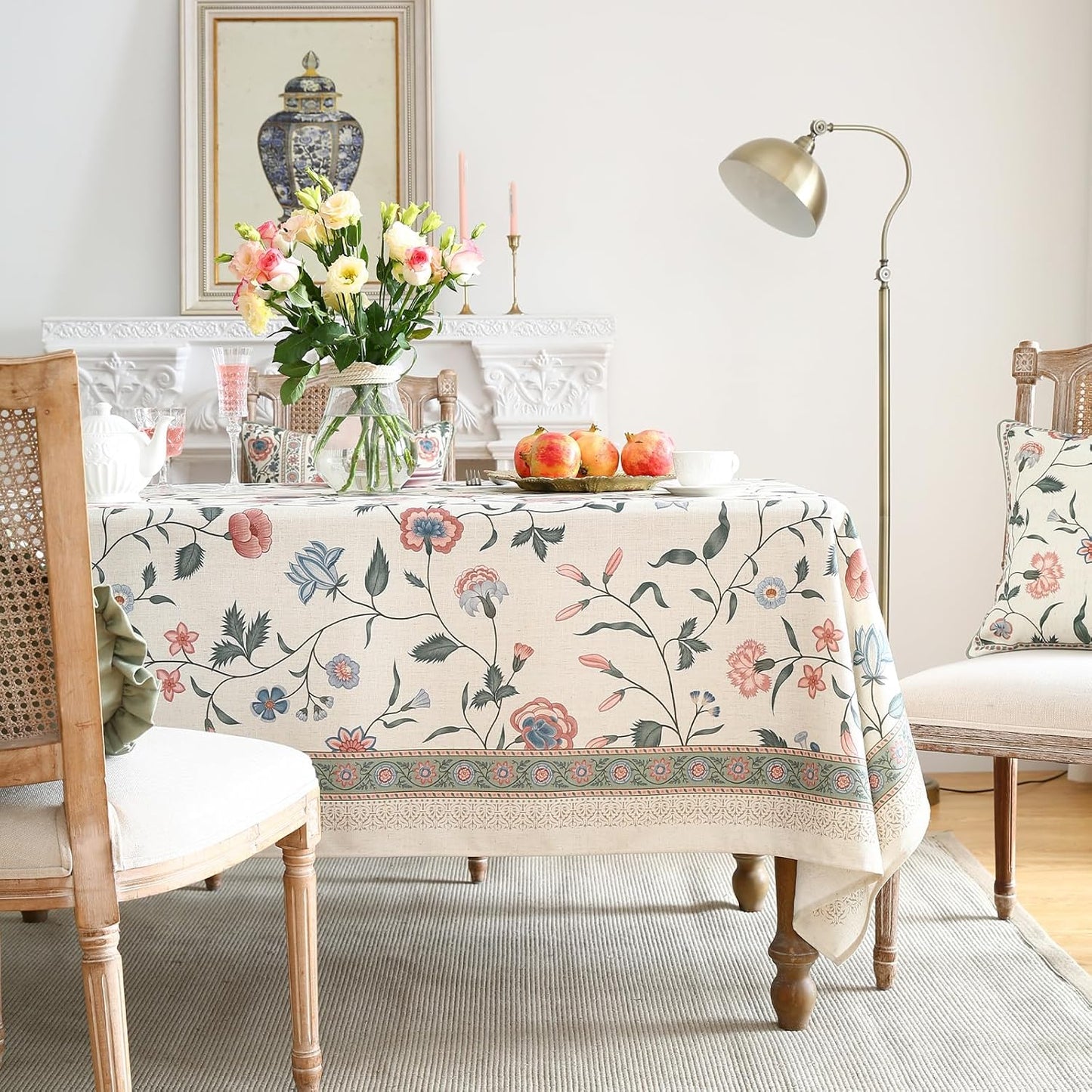 ISAENNE Designer Chinoiserie Linen Floral Rectangular Tablecloth,White Wrinkle Resistant Table Cloth,Elegant Decor Tablecloths for Dining Thanksgiving Kitchen Party Christmas,55"*87"-Daffy