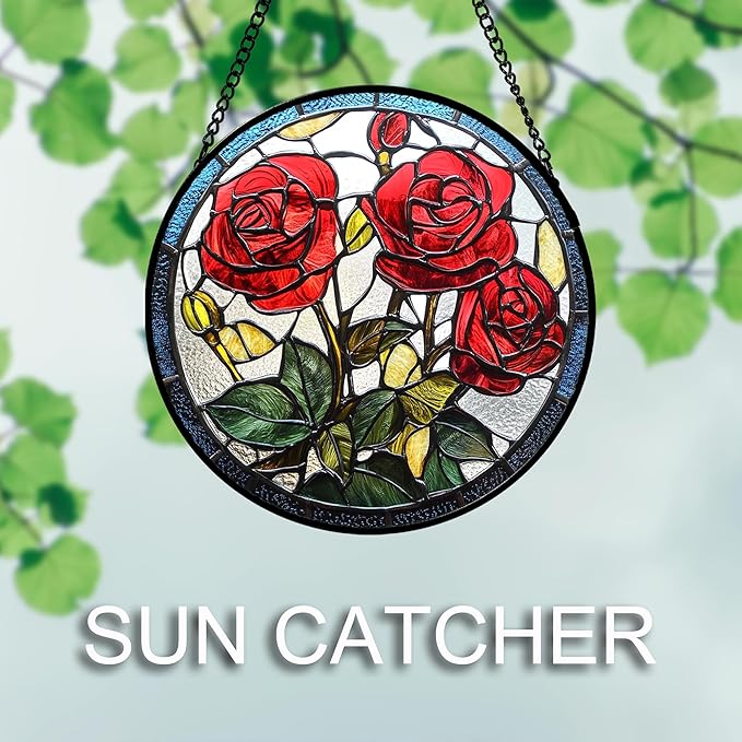 Stained Glass Window Hanging Red Rose Flower 7.8" - Suncatcher Door Garden Sun Catcher Decor Birthday Anniversary Valentines Day Gifts for Woman Wife Men Her Him Lovers Girlfriend
