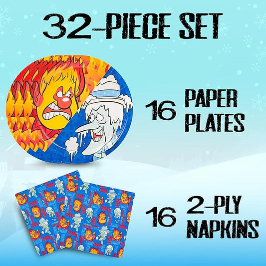 Silver Buffalo The Year Without a Santa Claus Heat Snow Miser Christmas 32 Pack Partyware Disposable Paper Plates and Napkins