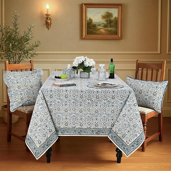 Ridhi Hand Block Print Indigo Rectangle Cotton Tablecloth 108" x 60" Reusable Table Cover Decorative Everyday Use for Dining, Farmhouse, Home Gift for Spring, Easter, Valentine