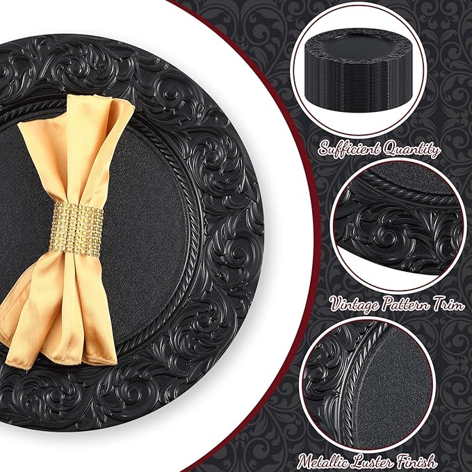 Uiifan 50 Pcs Antique Charger Plates Bulk 13'' Plastic Plate Chargers Decorative Embossed Rim Round Plates for Wedding Party Event Dinner Kitchen Table Setting Decoration (Black)