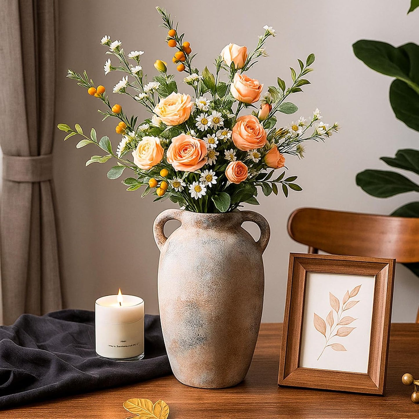 Rustic Ceramic Flower Vase with 2 Handles, Small Decorative Terracotta Boho Vase for Living Room, Table Centerpiece, Shelf Decor, Farmhouse, Entryway - 9.8 Inch Tall, Vintage Gray