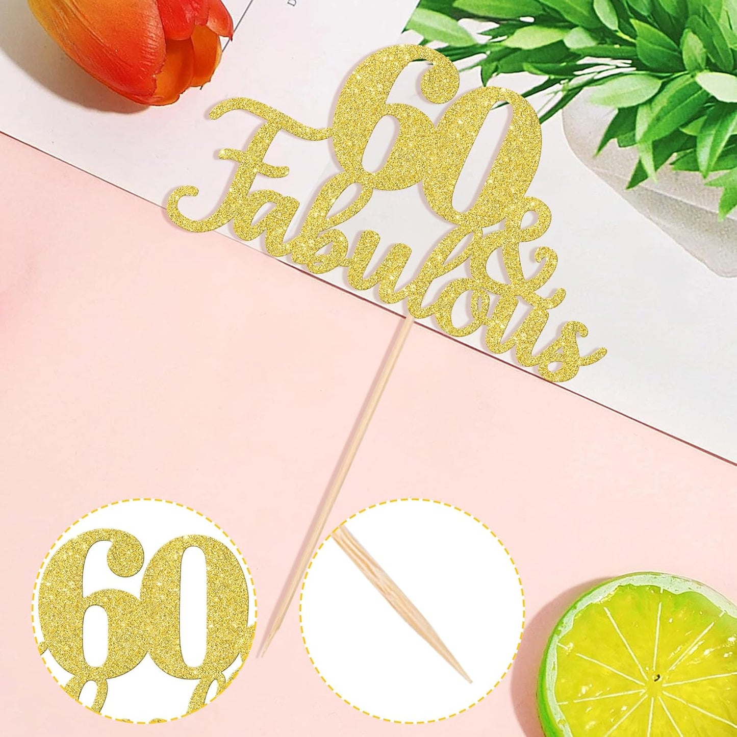 1 PCS 60 & Fabulous Cake Topper Gold Glitter 60th Birthday Anniversary Cake Pick Decoration for 60th Birthday Wedding Anniversary Party Decorations Happy 60th Birthday Cake Decorations Supplies