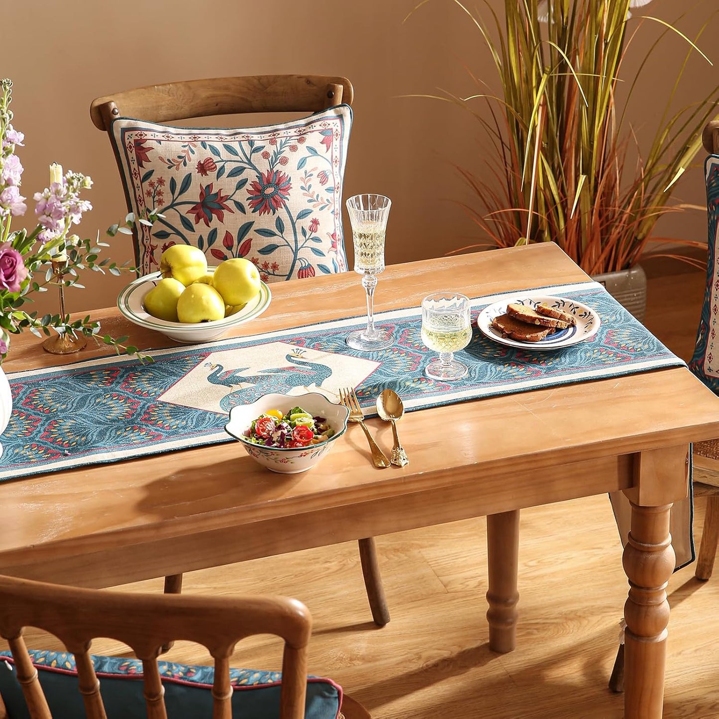 bilingaier Vintage Blue Peacock Small Table Runner for Table,Decorative Linen 102 Inches Long Table Runners,Decor Tabletop for Kitchen,Dining,Tea Party,Home,Christmas,12"*102"