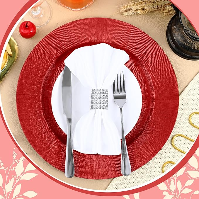 Tanlade 12 Pcs Charger Plates Bulk 13 Inch Plastic Round Wedding Chargers Floral Decorative Plates with Metallic Ruffled Rim for Wedding Party, Holiday Event Supplies(Red)