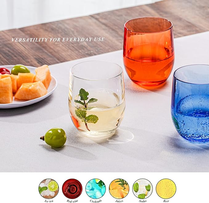 14oz Clear Thick Stemless Wines Cups (Set of 6), Shatter-Proof Acrylic Old-fashioned Glasses, Reusable Plastic Bar Glasses, BPA-Free, Dishwasher-Safe