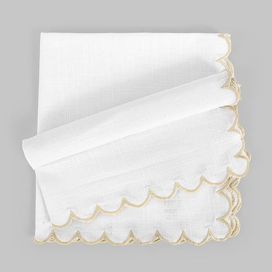 FINGERCRAFT Cloth Napkins, Everyday Use Scallop Design, Premium Quality Natural Cotton Napkin Set of 6 Perfect for Parties Dinners Weddings Easter Napkin Cloth 20x20 inch White/Beige