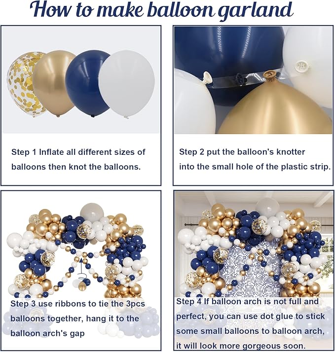 Navy Blue and Gold Balloons Arch Kit, 162pcs Different Sizes with Navy Blue White Chrome Gold Confetti Balloons for Graduation 2025 Anniversary Baby Shower Birthday Party Decorations