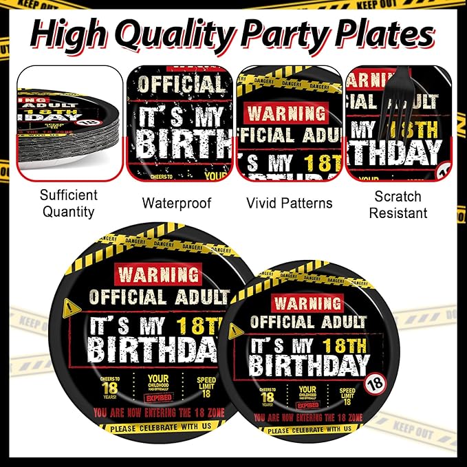 96 PCS Caution Logos 18th Birthday Party Paper Plates and Napkins 18 Years Old Party Decoration Warning Themed Official Adult 18th Dinnerware for Boys Girls 18 Year Old Birthday Gatherings Decorations
