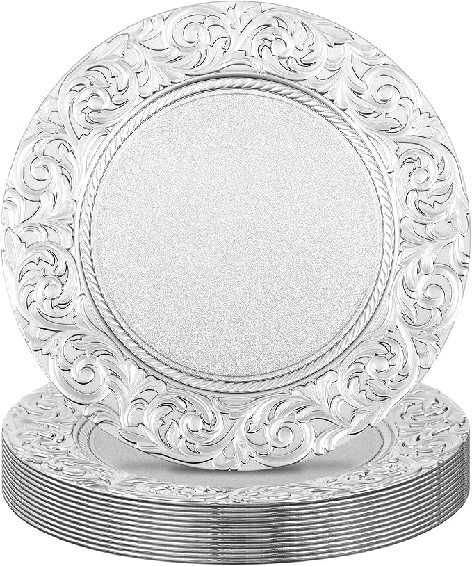 Uiifan 12 Pcs Antique Charger Plates Bulk 13'' Plastic Plate Chargers Decorative Embossed Rim Round Plates for Wedding Party Event Dinner Kitchen Table Setting Decoration (Silver)