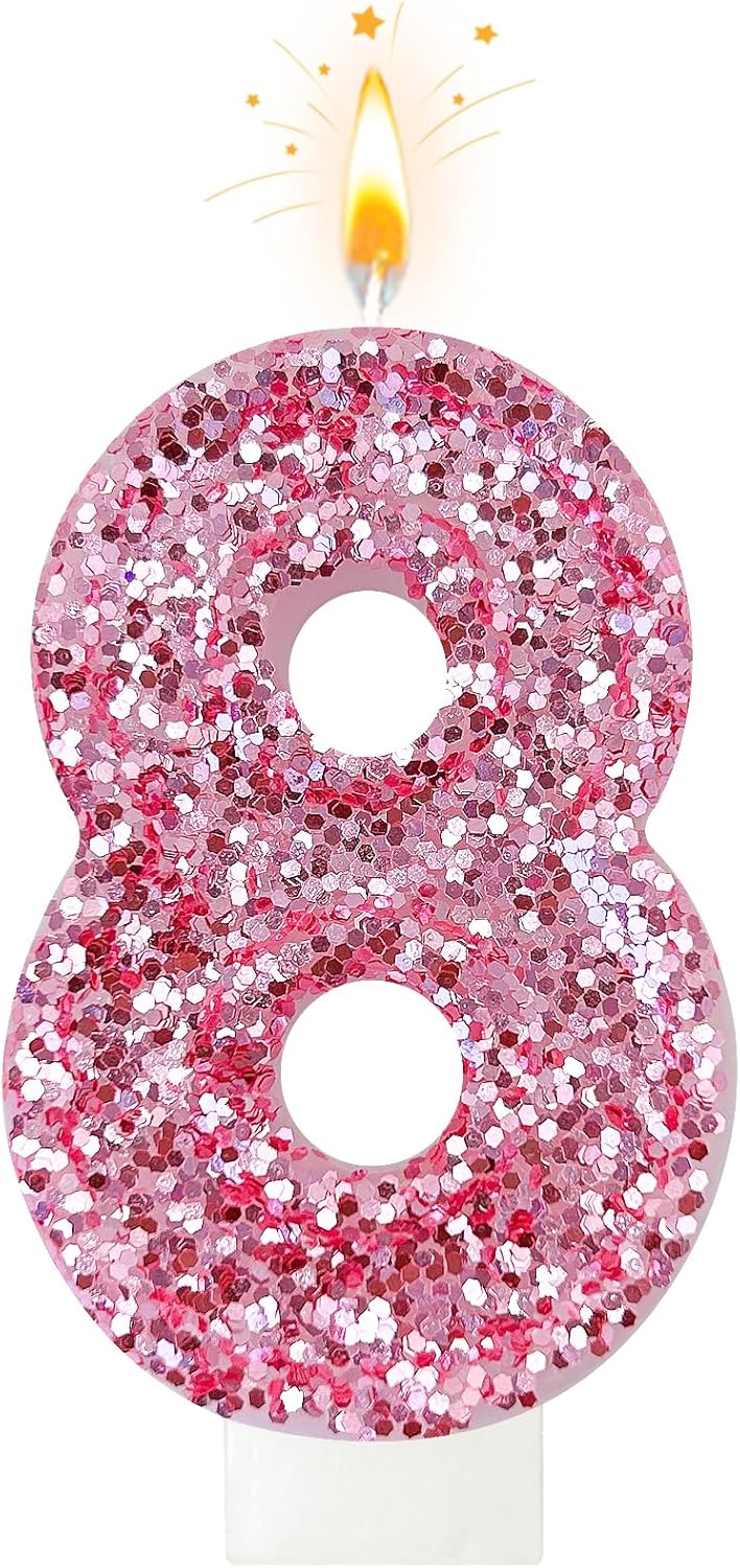 Birthday Number Candles, Glitter Number Candle Cake Decorations with Sequins, Cupcake Decorations for Girls, Women, Party Anniversary Celebrations (Number 8, Pink)
