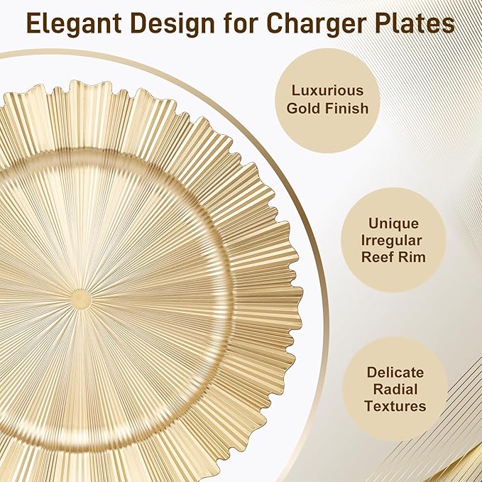 6 Pcs Gold Charger Plates,13 Inch Elegant Fluted Edge Plastic Charger Plates Reusable Table Chargers for Dinner Birthday Wedding Party Bridal Showers Tableware Dishes Luxury Decor