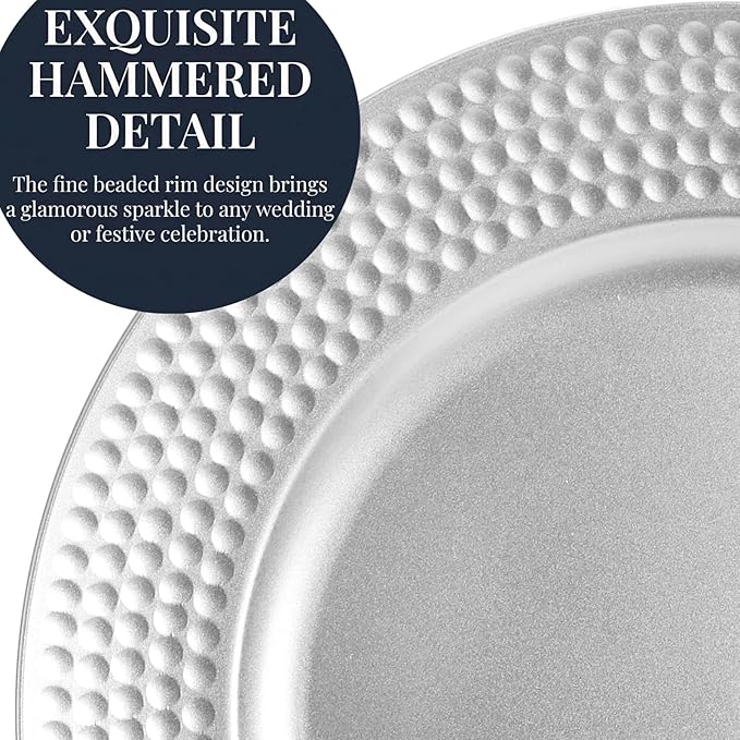Nicunom Silver Charger Plates Set of 12, Round Charger Plates with Hammered Rim, 13 Inch Plastic Charger Plate for Wedding Dinner Party Event Decoration