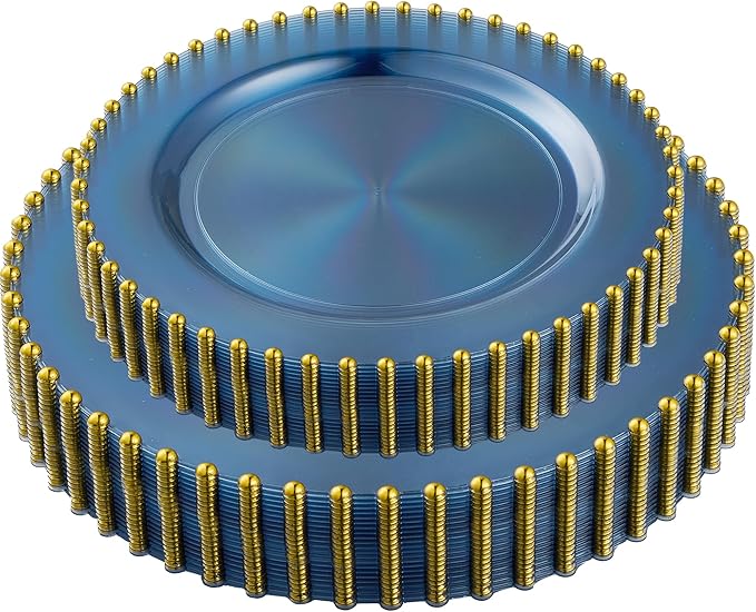 PLASTICPRO 64 Piece Combo Plastic Dinner Plates Disposable Plastic Fancy Heavy Duty Party Dishes 7 inch and 10 inch, Translucent Blue and Gold Beaded