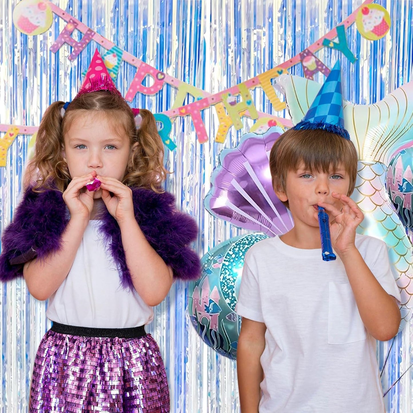 2 Pack Foil Curtain Backdrop Iridescent Metallic Tinsel Foil Fringe Curtains Photo Booth Props for Birthday Wedding Engagement Baby Shower Bachelorette Christmas Holiday Celebration Party Decorations