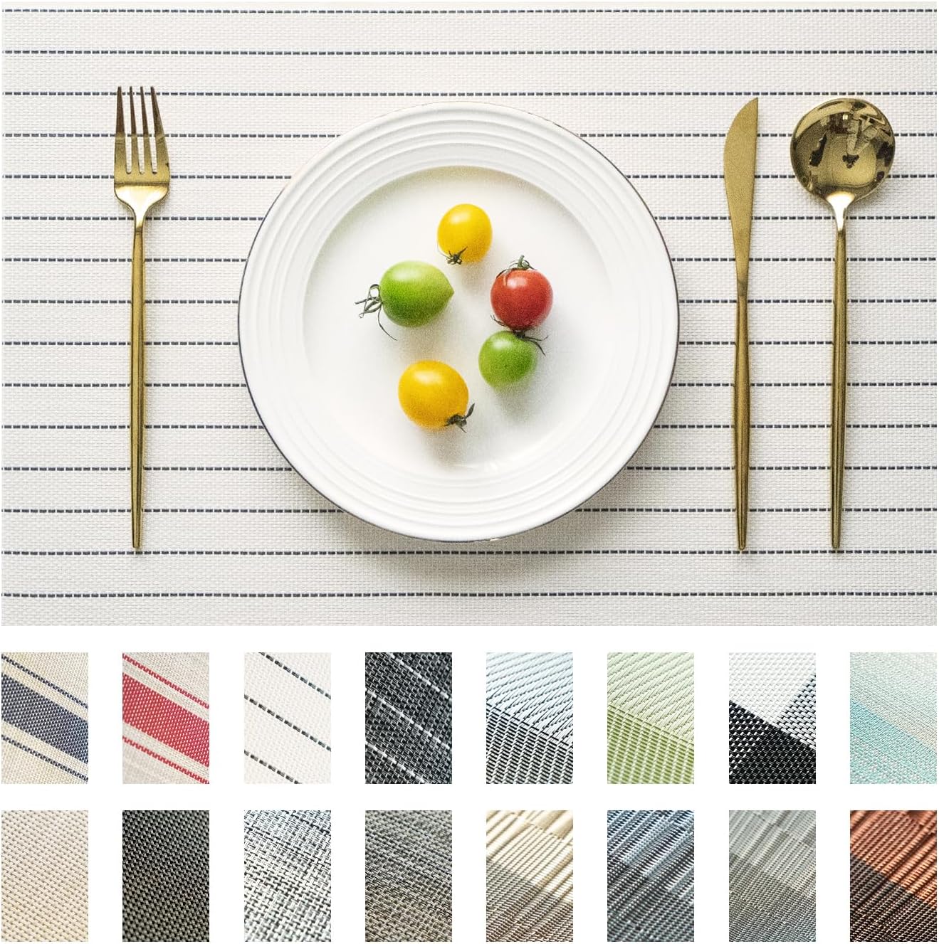 Placemats Set of 6 Vinyl/Plastic Woven Place Mats for Kitchen Table Indoor/Outdoor Washable Placemat Wipeable Dining Table Mats (White Stripes,6)