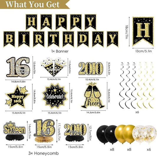16th Birthday Decorations for Boys, Black Gold Back in 2010 Party Supplies Kit with Banner, Backdrop, Balloons, Cake Topper & Sash, 16 Year Old Birthday Party Decor Boy