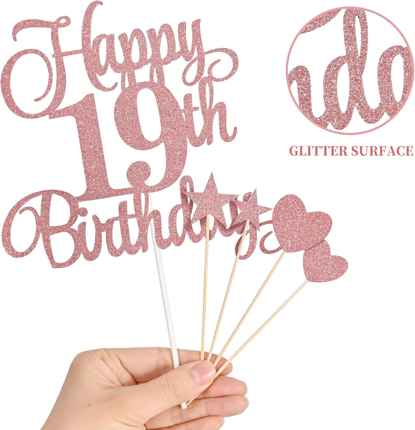 19th Birthday Cake Decorations, 19th Birthday Candles Cake Numeral Candles and Glitter Happy 19th Birthday Cake Toppers Set for Birthday Party Supplies (Rose Gold)