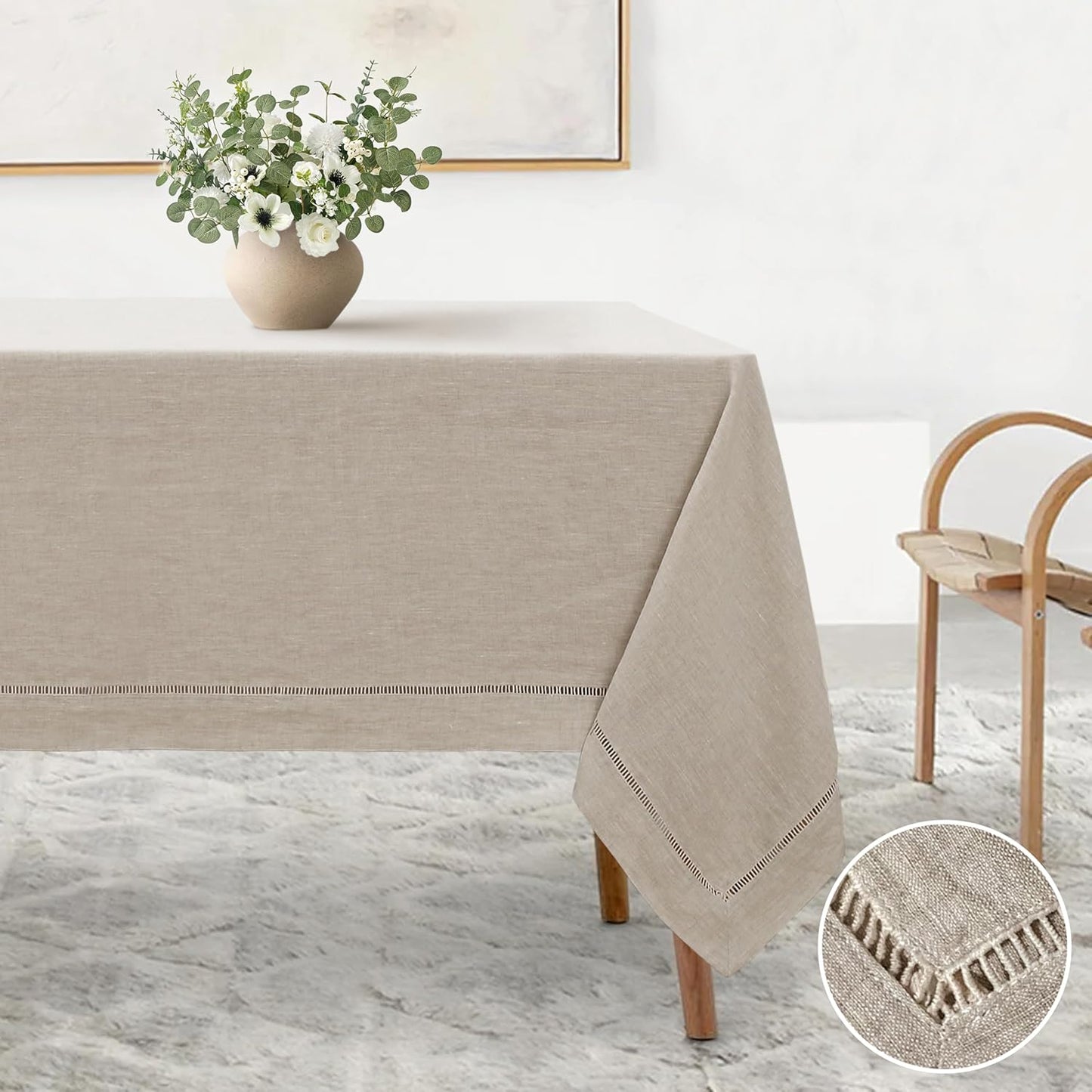 Linen World Hemstitch Linen Tablecloth,French Linen Natural Tablecloth 108" x 60" Inch,Washable Rectangular Table Cloth for Dining,Outdoor,Weddings and Restaurants,Decorative Thanksgiving Christmas