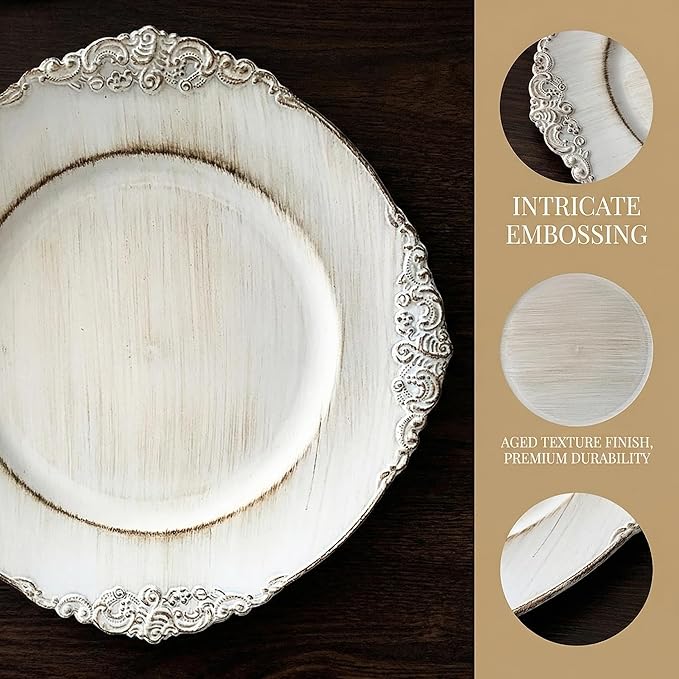 Antique White Charger Plates, 13 Inch Embossed Chargers for Dinner Plates. Set of 6 Plastic Charger for Wedding, Party,Elegant Tableware Chargers Decoration.