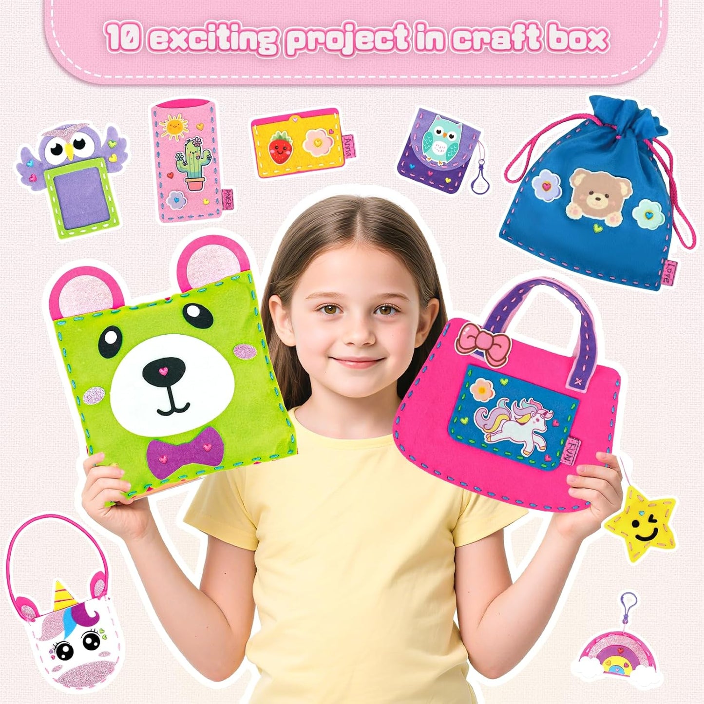 Sewing Kit for Kids, Arts & Crafts for Kids Ages 4-8,Craft Box 10 Felt DIY Projects of Stuffed Animal Dolls and Plush Pillow, Crafts Activities Gift for Girls Boys Age 6 7 8 9 10 11 12 Years Old