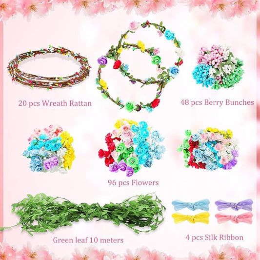 Syhood 20 Sets Flower Crowns Making Kit, Make Your Own Flower Crown Wreath Headbands and Bracelets Craft Kit Hair Accessories Handmade DIY Floral Garland Presents for Adults Women